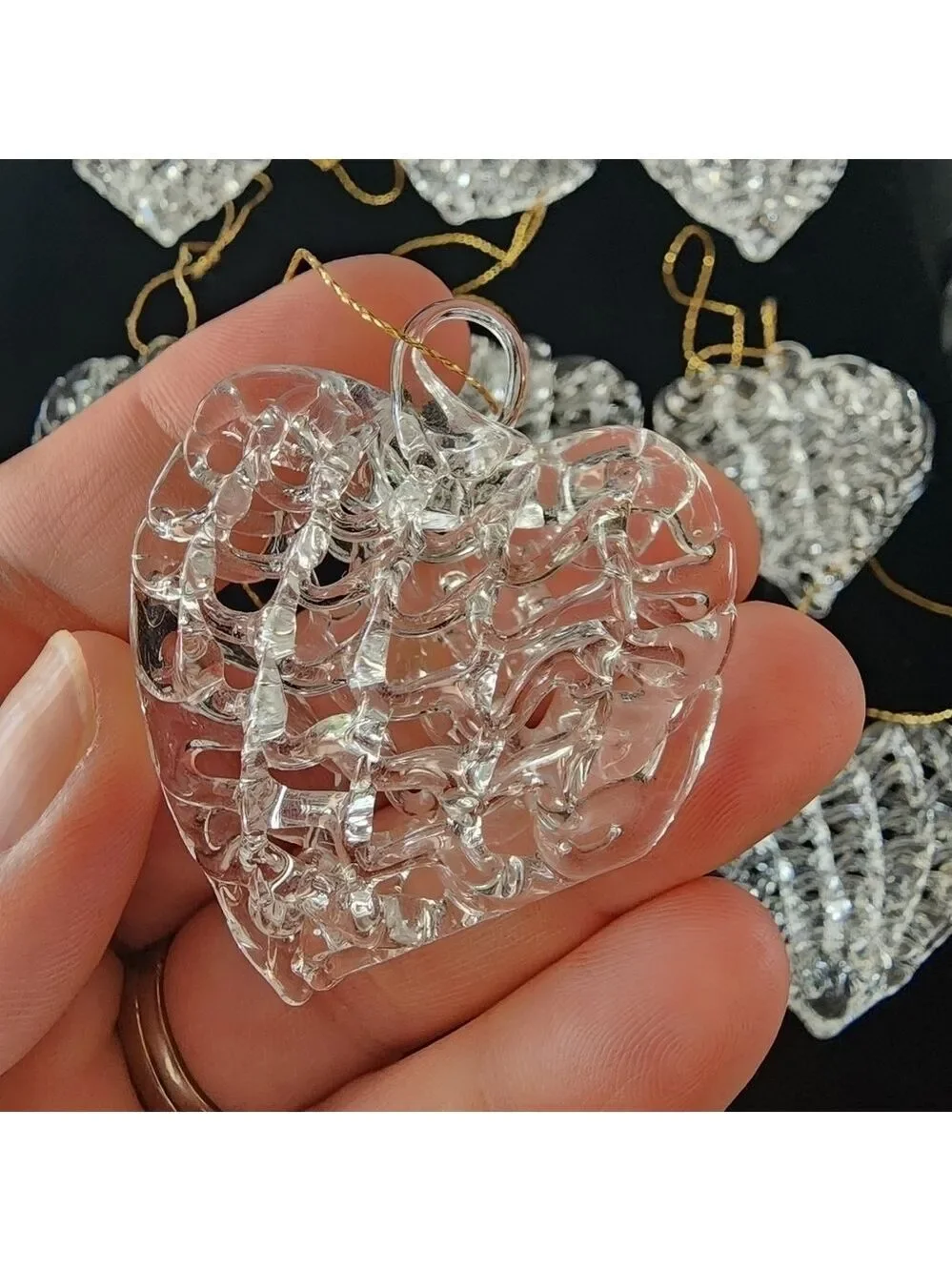 Vtg set 12 hand spun glass lattice heart ornaments
